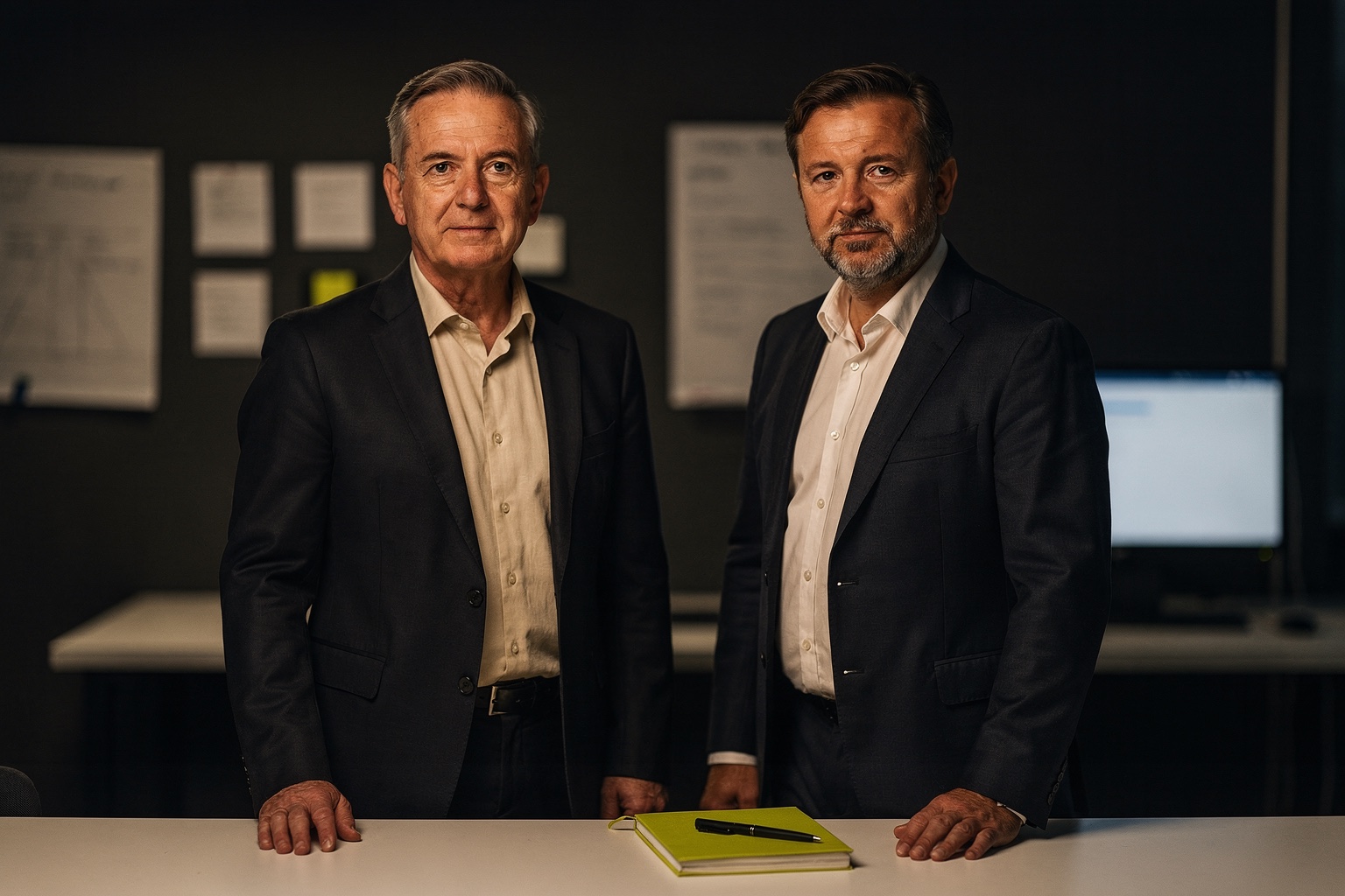 Editorial portrait representing senior growth consultants in a dark strategy room